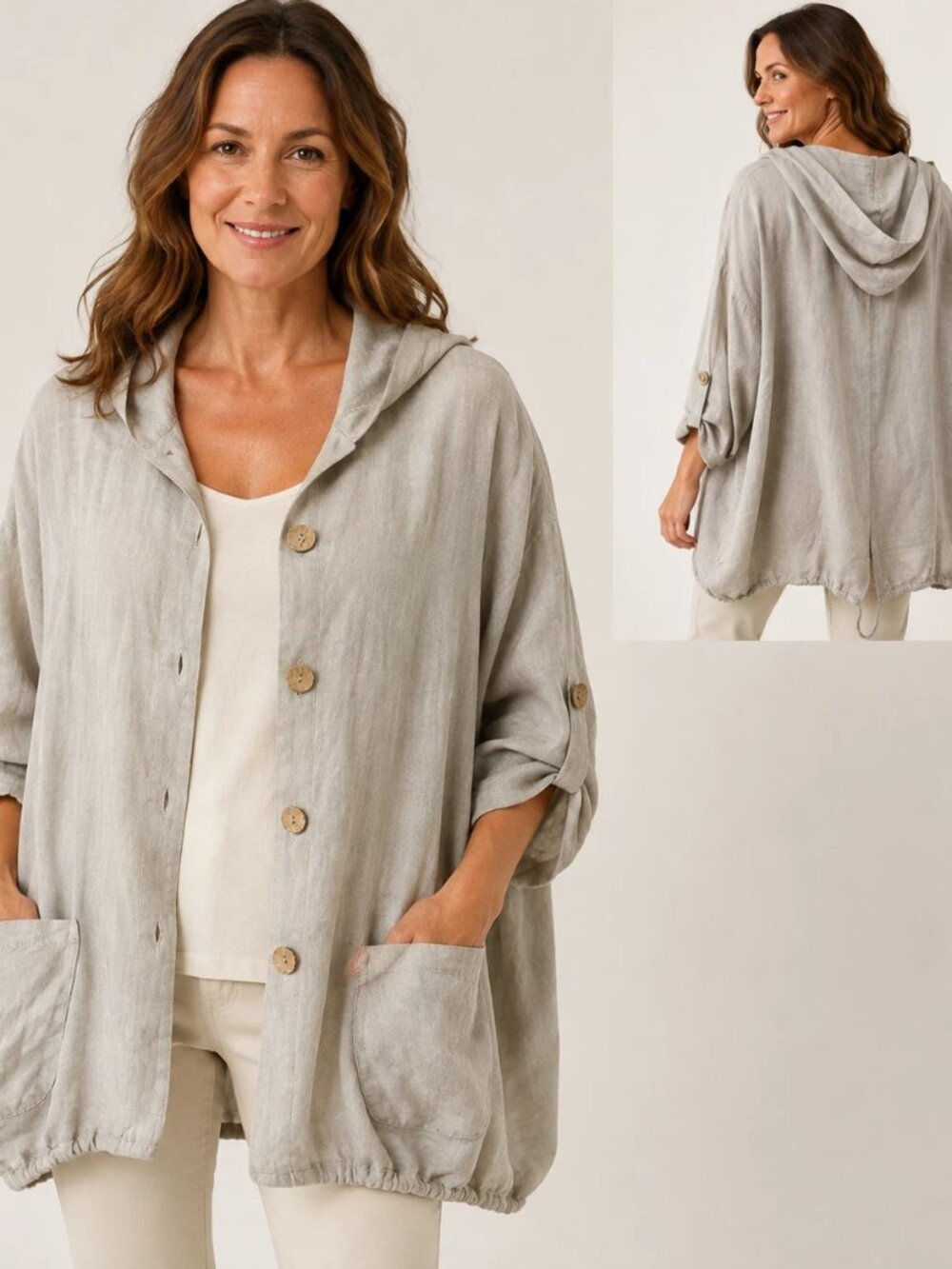Beige Linen Hooded Button Up Jacket Oversized Lagenlook Coastal Boho Made Italy